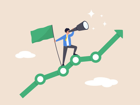 Profit growth concept. Economic uptrend or growing investment, improvement or growth chart, financial forecast or prediction, confidence businessman pointing up with rising financial chart and graph.