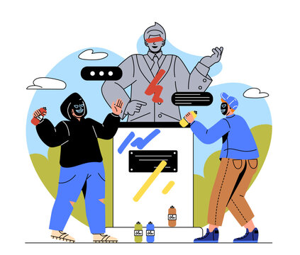 Vandals near monument concept. Men in masks with spray cans paint bust of famous person. Break law and damage art objects. Street hooligans, graffiti painters. Cartoon flat vector illustration