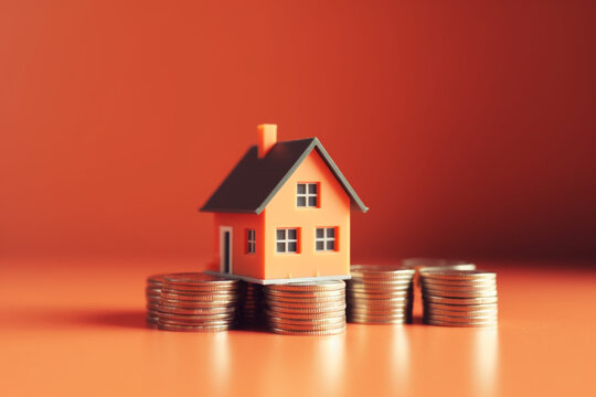 Orange Colored Toy House Sitting over Coin Stacks