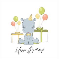 Birthday card invitation for kids. Happy hippo cute character with gifts and balloons vector illustration