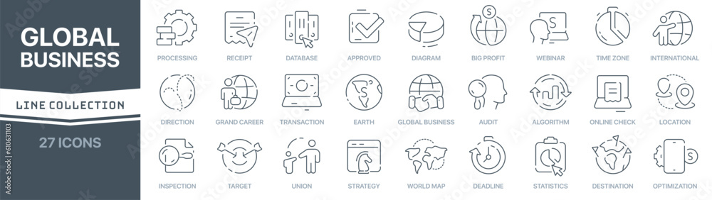 Poster Global business linear signed icon collection. Signed thin line icons collection. Set of global business simple outline icons