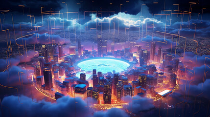 Sprawling Digital Cloud City Illuminated by Neon Lights: A Vibrant Representation of Expansive Cloud Computing and Virtualization Future. Generated AI