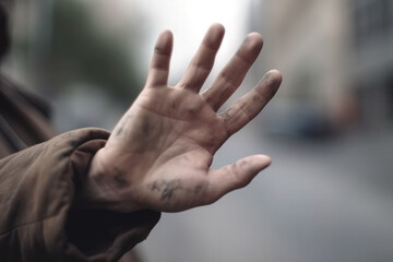 Outstretched hand of pathetic beggar with blurred face