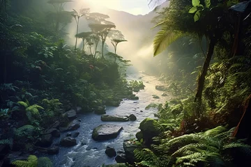 Foto op Canvas amazon rainforest with tropical vegetation, a creek runs through a mysterious jungle, a mountain stream in a lush green valley, fictional landscape created with generative ai © CROCOTHERY