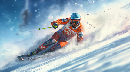An action-packed image of a professional ski racer racing down a steep, icy racecourse, pushing the limits of speed and precision Generative AI