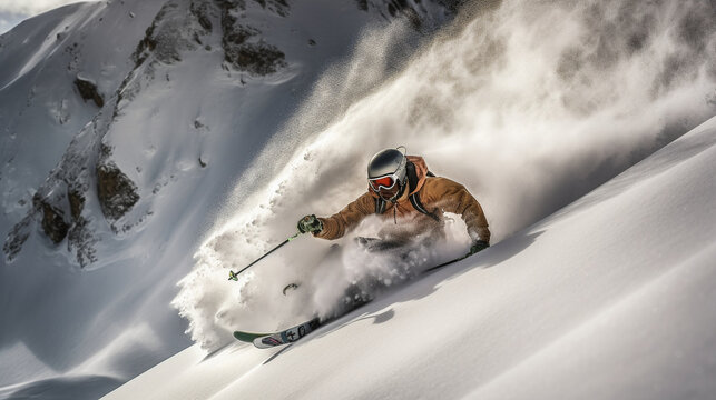 A stunning image of a skilled skier carving through fresh powder on an expert-level off-piste run, showcasing their mastery of the mountain Generative AI