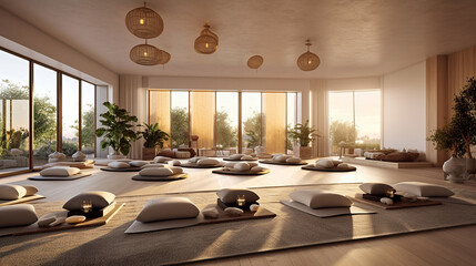 A warm and inviting yoga studio with cozy nooks, plush seating areas, and a fireplace, creating a nurturing and comforting ambiance for relaxation and meditation Generative AI