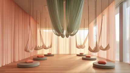 A heavenly yoga studio designed with soft pastel colors, ethereal draperies, and suspended swings, offering a dreamlike and suspended experience for aerial yoga Generative AI