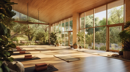 A nature-inspired yoga studio with natural wood finishes, large windows overlooking a serene garden, and living plant walls, providing a tranquil and grounding environment Generative AI