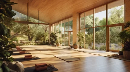 Tuinposter A nature-inspired yoga studio with natural wood finishes, large windows overlooking a serene garden, and living plant walls, providing a tranquil and grounding environment Generative AI © Наталья Евтехова