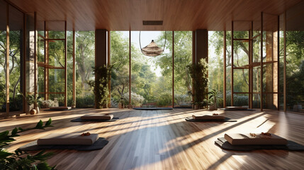 Fototapeta premium A nature-inspired yoga studio with natural wood finishes, large windows overlooking a serene garden, and living plant walls, providing a tranquil and grounding environment Generative AI