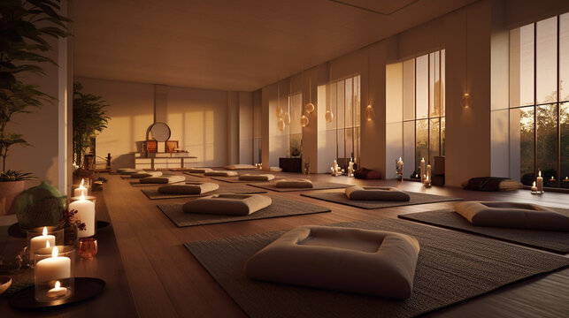 A warm and inviting yoga studio with cozy nooks, plush seating areas, and a fireplace, creating a nurturing and comforting ambiance for relaxation and meditation Generative AI