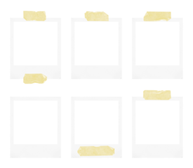 collection of polaroid photo frames with various adhesive tape strips on transparent background, png file
