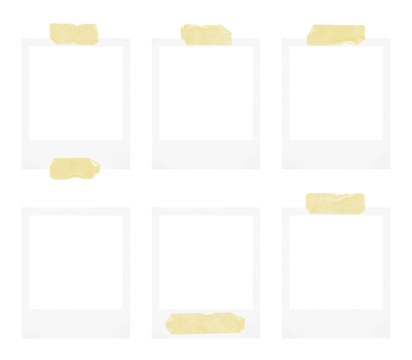 collection of polaroid photo frames with various adhesive tape strips on transparent background, png file