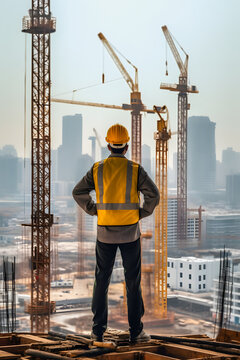 Occupational Safety and Health: Construction Engineer in Full PPE Assessing Site