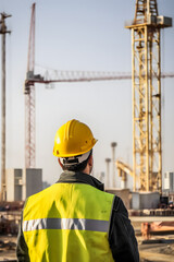 Occupational Safety and Health: Construction Engineer in Full PPE Assessing Site