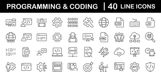 Programming coding set of web icons in line style. Software development icons for web and mobile app. Code, api, programmer, developer, information technology, coder and more. Vector illustration