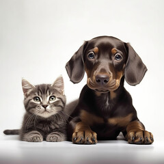 Cute cat and cute dog together on a white background, animal friendship. Generative Ai