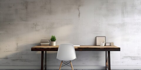 Modern Workspace with White Table, Chairs, and Brick Background in Open Workshop Office. Interior Design