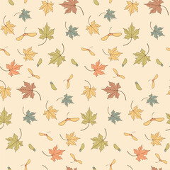 Seamless Autumn Pattern with Maple Leaves and Seed