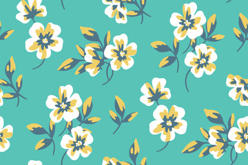 Fototapeta na wymiar Seamless floral pattern, decorative ditsy print with vintage motif. Artistic botanical design for fabric, paper: small hand drawn flowers, leaves on a blue background. Vector illustration.