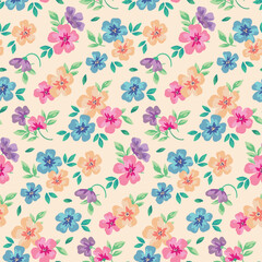 Seamless floral pattern, liberty ditsy print with delicate watercolor botany. Pretty botanical design for fabric, paper: small hand drawn flowers, leaves on a light background. Vector illustration.