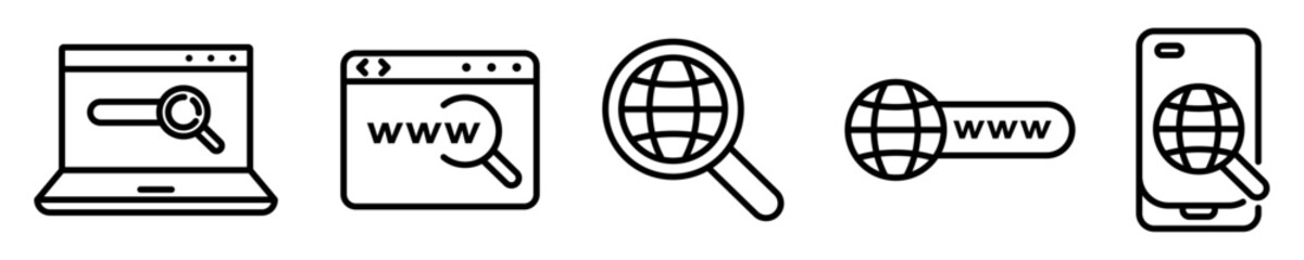Conjunto de iconos de investigación en internet. Información web, en línea. Ilustración vectorial