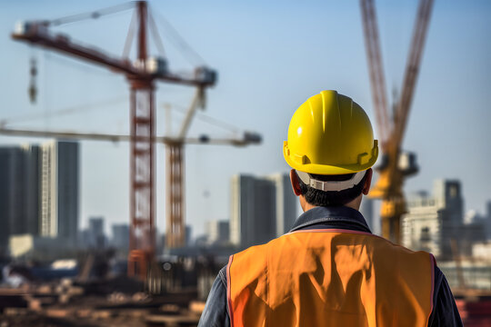 Building Construction: Engineer in Full PPE Observing Site with Tower Crane Background