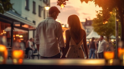 romantic couple in white clothes walk on street at summer evening ,people relax with glass of sparkling wine in street cafe ,windows light reflection ,flowers on street,generated ai - 610633540