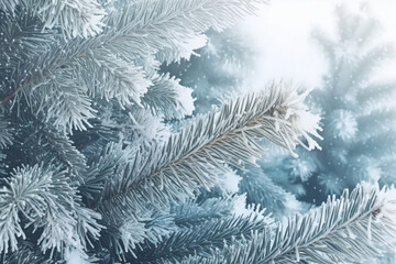 Panoramic banner with Christmas winter background, Pine tree branches covered frost and snow copy space