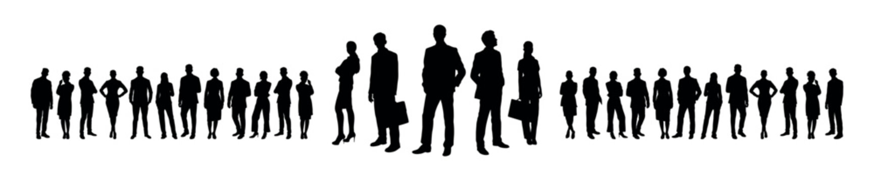 Confident business team standing and posing in front of business people vector silhouettes.