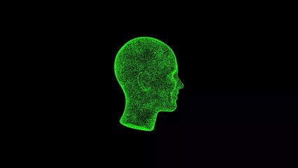 3D Human head on black bg. Object dissolved green flickering particles. Business advertising backdrop. Science concept. For title, text, presentation. 3D animation.