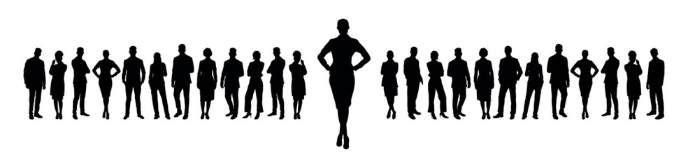 Businesswoman standing with hands on hip in front of large group of business people silhouettes.
