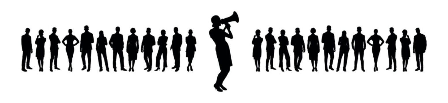 Businesswoman speaks through megaphone speaker in front of crowd business people silhouettes