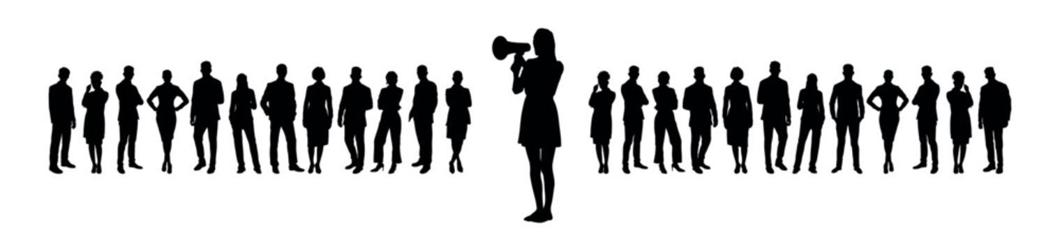Businesswoman speaking through megaphone speaker in front of crowd business people silhouettes