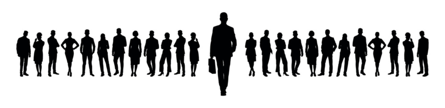 Businessman with briefcase walking toward camera in front of large group of business people vector silhouettes.