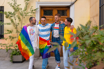 Lgbt concept, portrait of gay men friends having fun at gay pride party, diversity of young people...