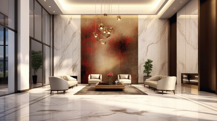 A sleek and sophisticated business office lobby with a grand entrance - Generative ai