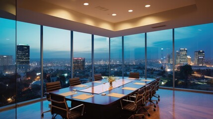 An elegant business conference room with floor-to-ceiling windows - Generative ai
