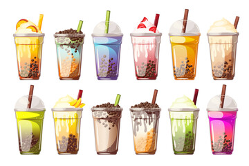 Collection of bubble tea with tapioca in plastic cups.Bubble tea with different flavors.A set of soft drinks.Vector illustration.