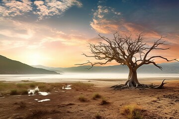 Fototapeta na wymiar Lone Tree in Middle of Desert at Sunset - AI Generative