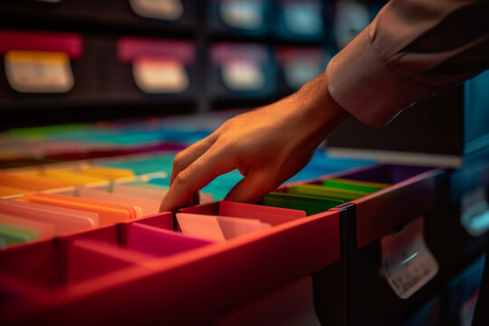 An employee organizing files in a filing cabinet. Business, situations in the office, bokeh Generative AI