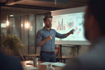 An employee presenting a progress report to the team. Business, situations in the office, bokeh Generative AI