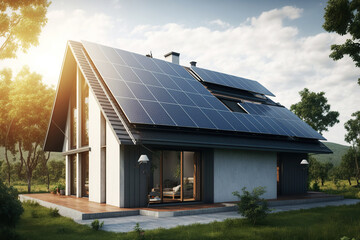 Fototapeta na wymiar Ai generated illustration Solar panels on the roof of a beautiful modern home.