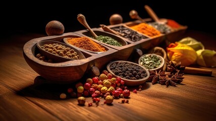 Spices and herbs banner background. Variety of spices. Generative AI