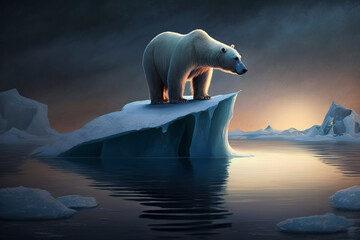 Ai generated illustration Polar bear on ice floe. Melting iceberg and global warming.