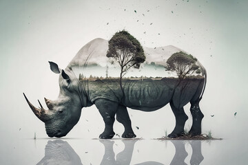 Ai generated illustration Rhino and the African savannah double exposure
