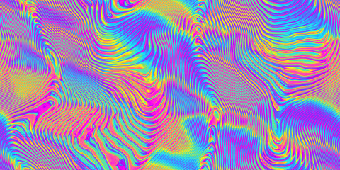 Seamless psychedelic rainbow ridged topological map pattern background texture. Trippy hippy abstract wavy swirls dopamine dressing style fashion motif. Bright colorful neon retro wallpaper backdrop. - obrazy, fototapety, plakaty
