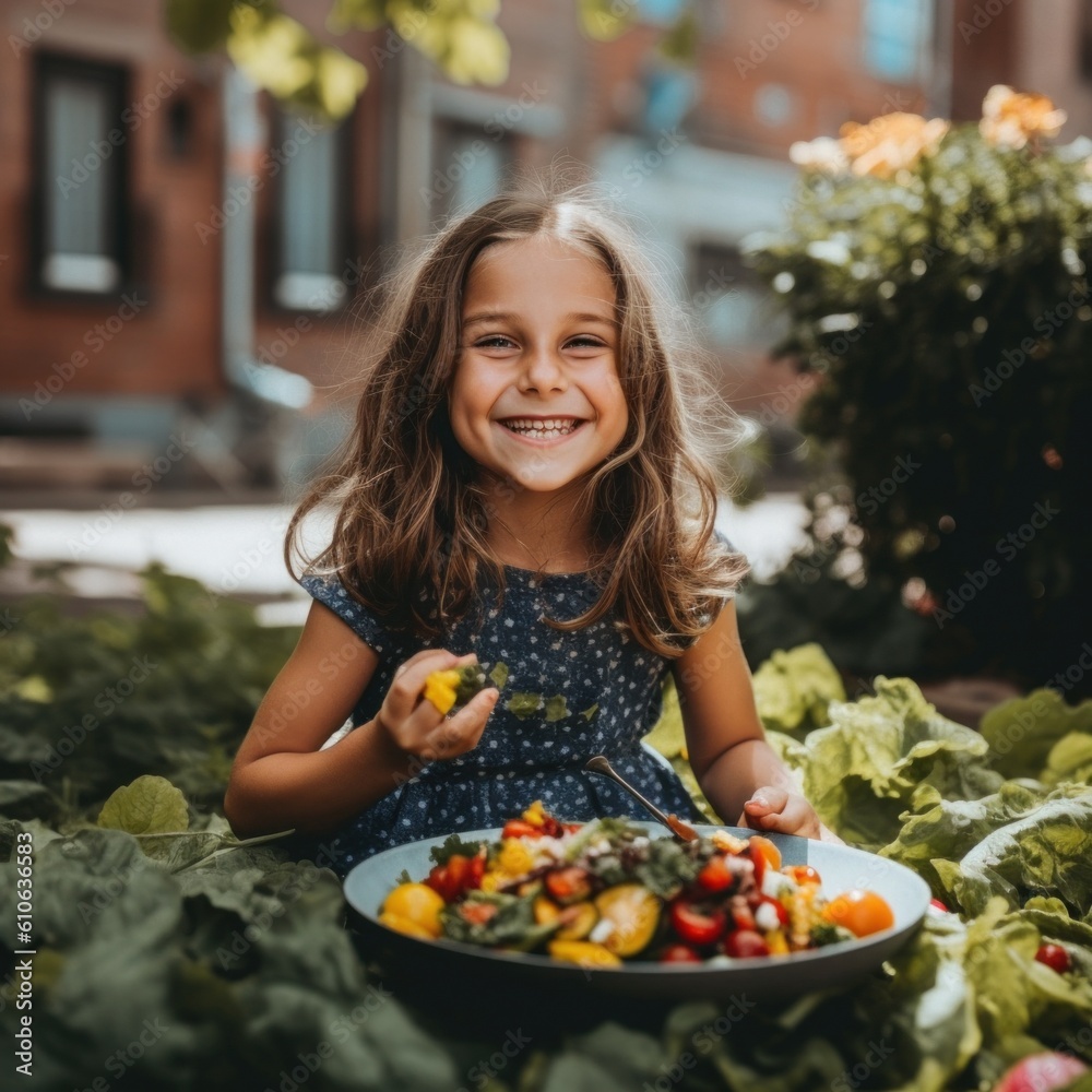 Poster A little girl sitting in the grass with a plate of food. Generative AI image.