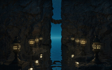 3D rendering of a cave shrine illuminated by lantern